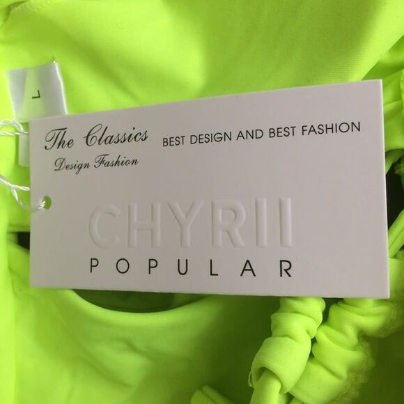 NEW Chyrll Neon Green Swimsuit 1 Piece Cut Out Front, Tie Front Size Large - Picture 5 of 5
